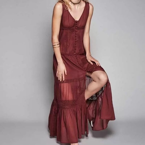 ISO Free People Victoria Button Front Maxi Dress Color Dark Red Burgundy Size XS - Picture 2 of 2